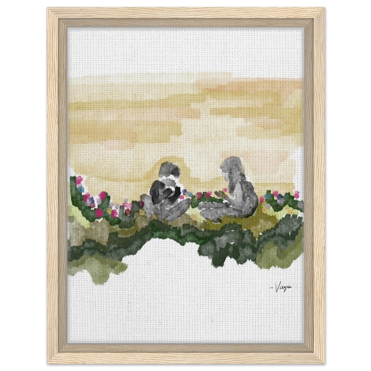 Light wood-framed vertical watercolor wall art with two people seated among flowers