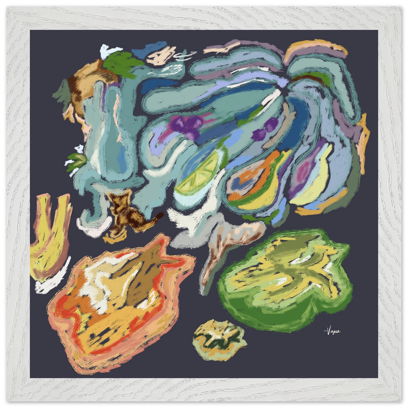 White-framed abstract wall art with multicolor paint strokes and lime green highlights