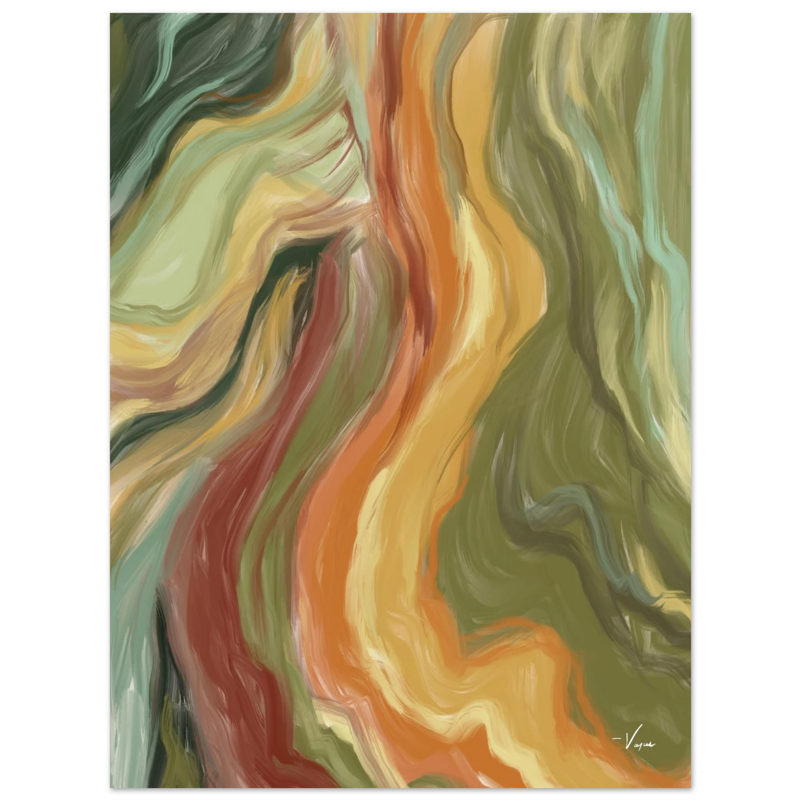 Unframed abstract wall art with multicolor flowing curves in green, orange, and red tones