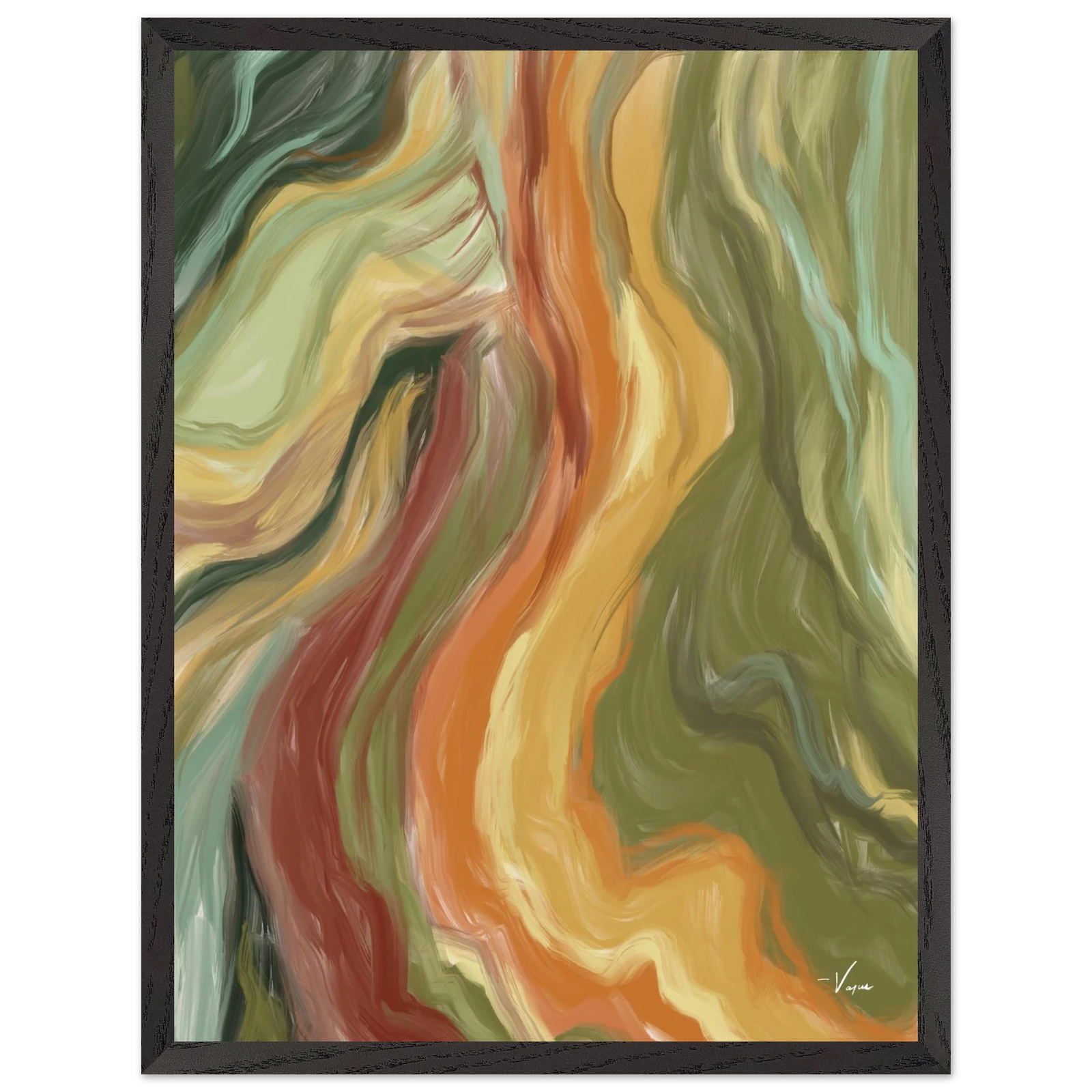 Black framed abstract wall art with multicolor flowing curves in green, orange, and red