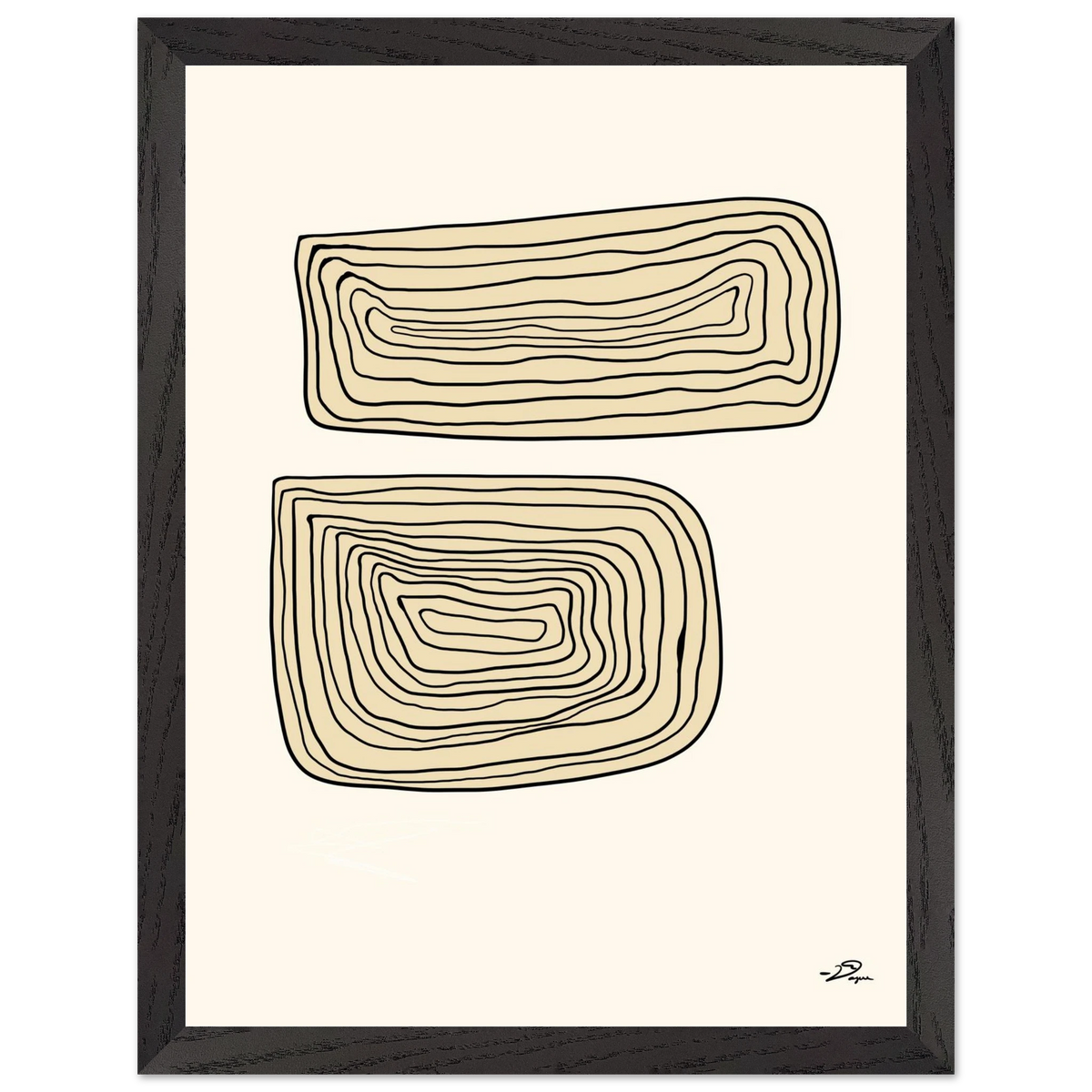 Black-framed wall art with two stacked outline shapes in beige linework