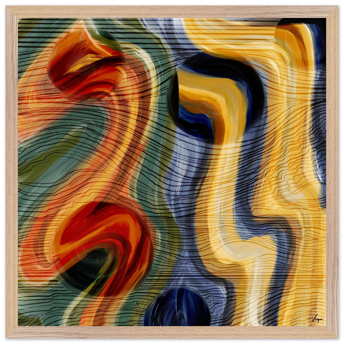Framed matte paper poster with light wood border and abstract red, yellow, blue swirl artwork