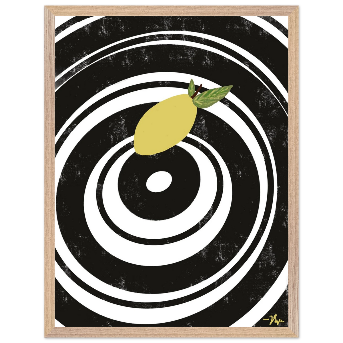 Square lemon wall art with white concentric circle lines, in a light wood frame