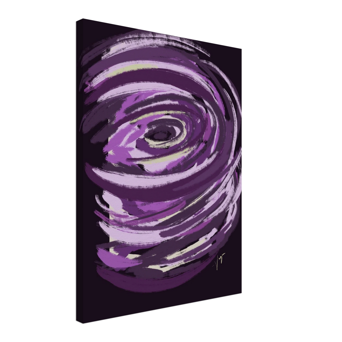Purple abstract canvas with eye motif, shown at an angle, no frame