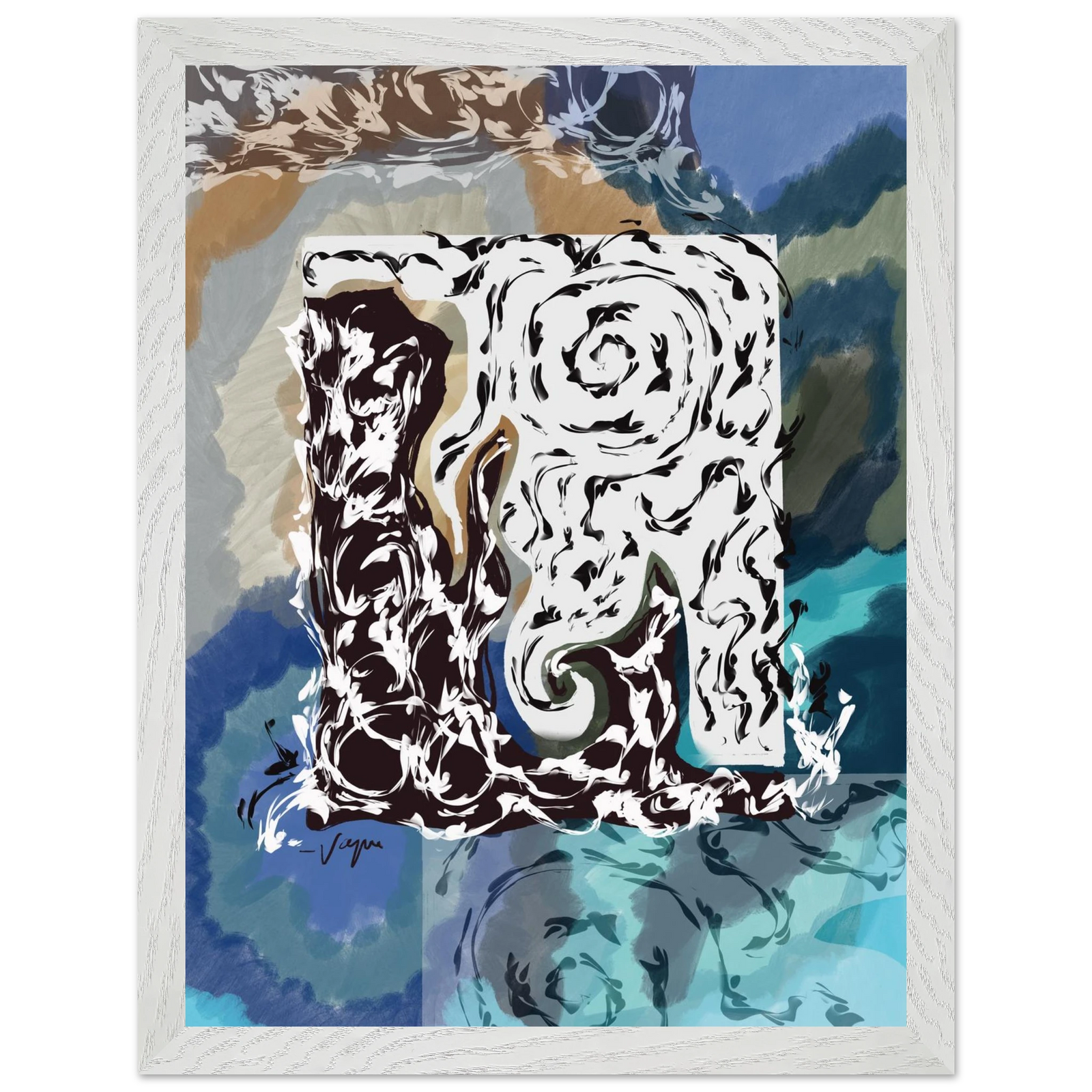 Framed wall art print with stylized dog portrait in black and white, teal-blue background, white frame