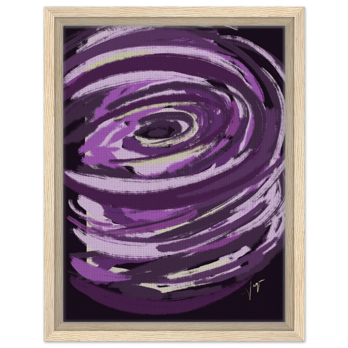 Purple abstract canvas with eye motif in light wood frame