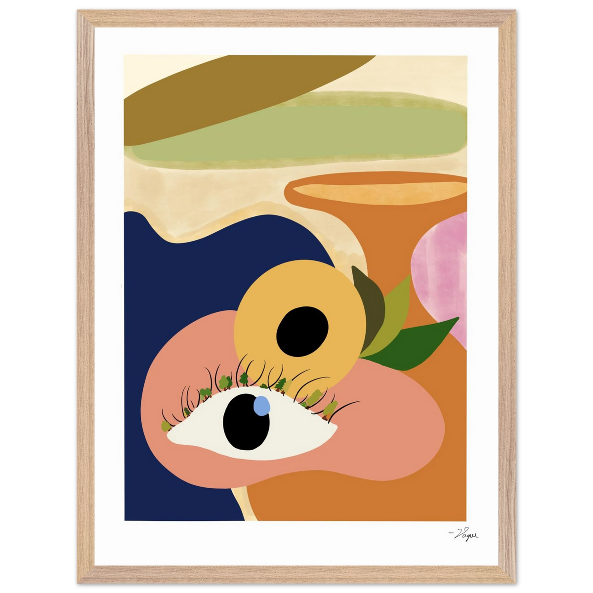 Framed wall art print with abstract eye portrait; light wood frame