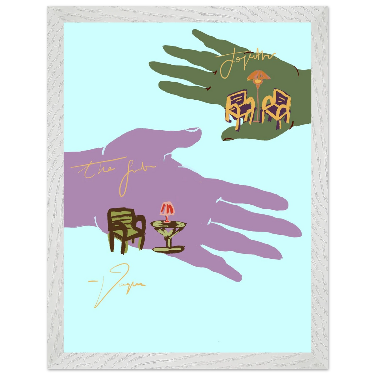 Palmistry wall art with illustrated hands, chair and candle, in white textured frame
