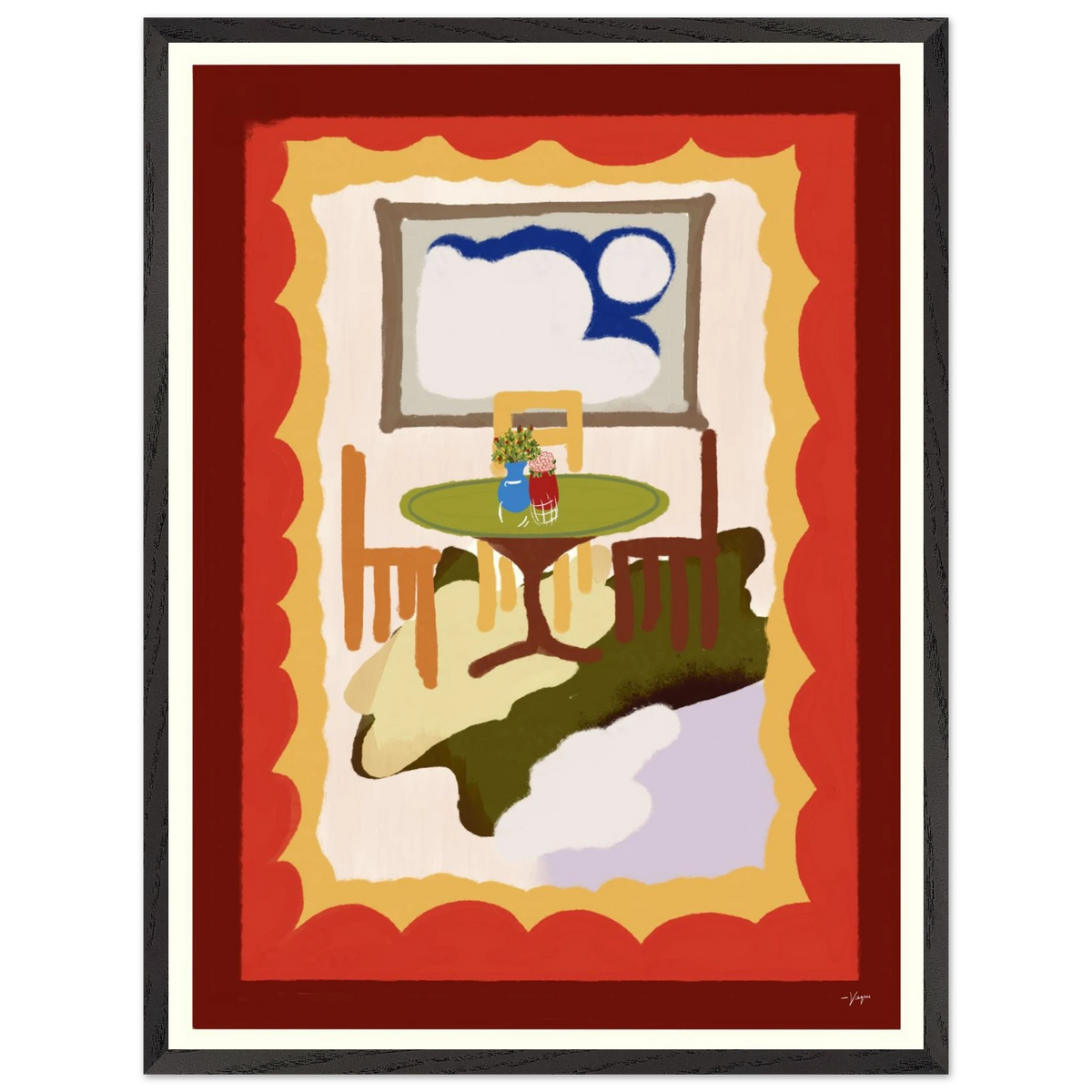 Framed wall art with black frame, red backdrop, green round table and chair