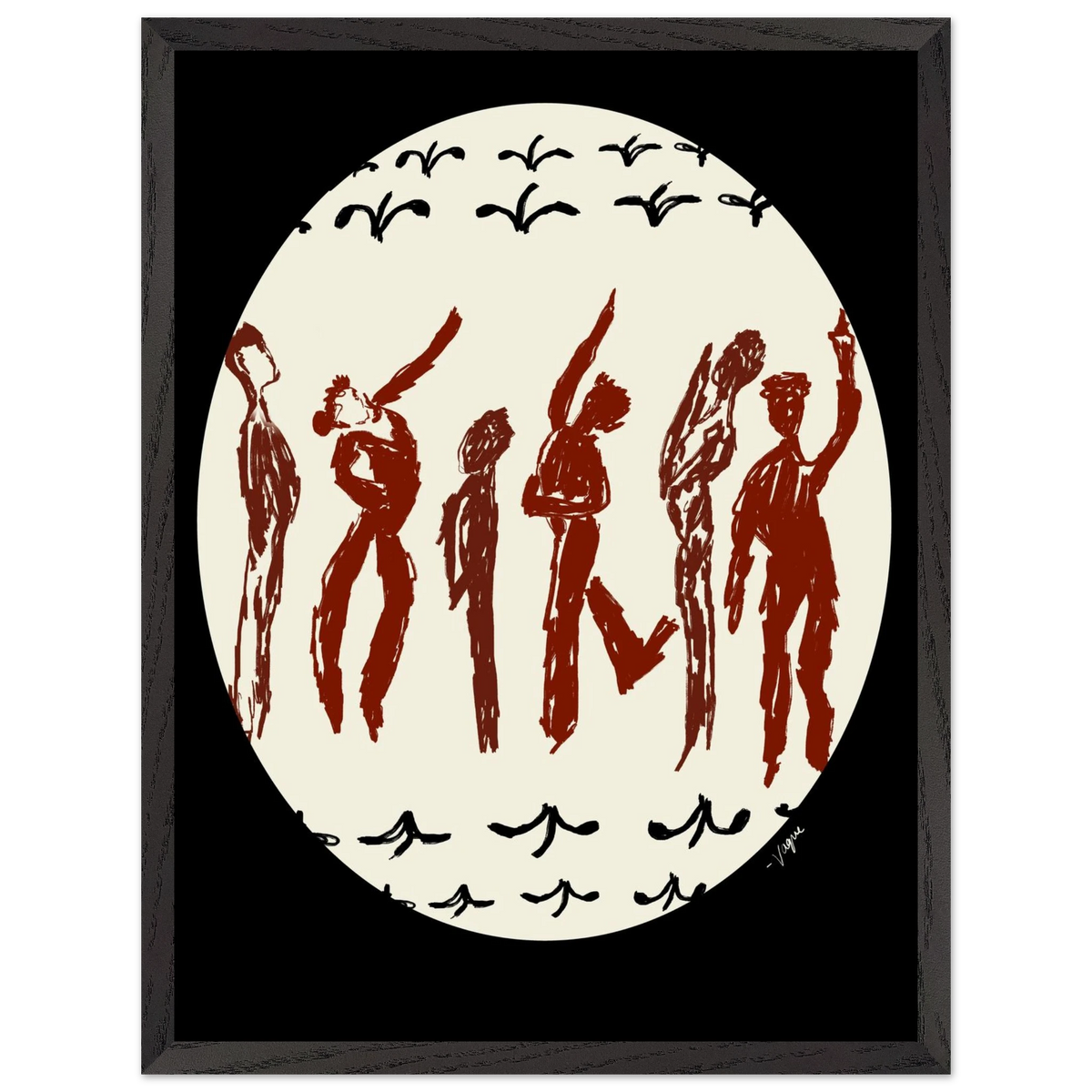 Framed wall art print with dark frame, cream circle, and red dancer silhouettes