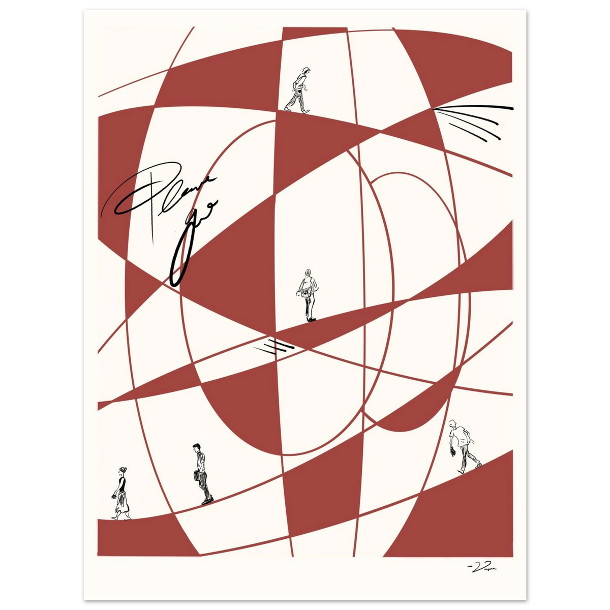 Framed abstract wall art with red geometric pattern and small figures; white frame