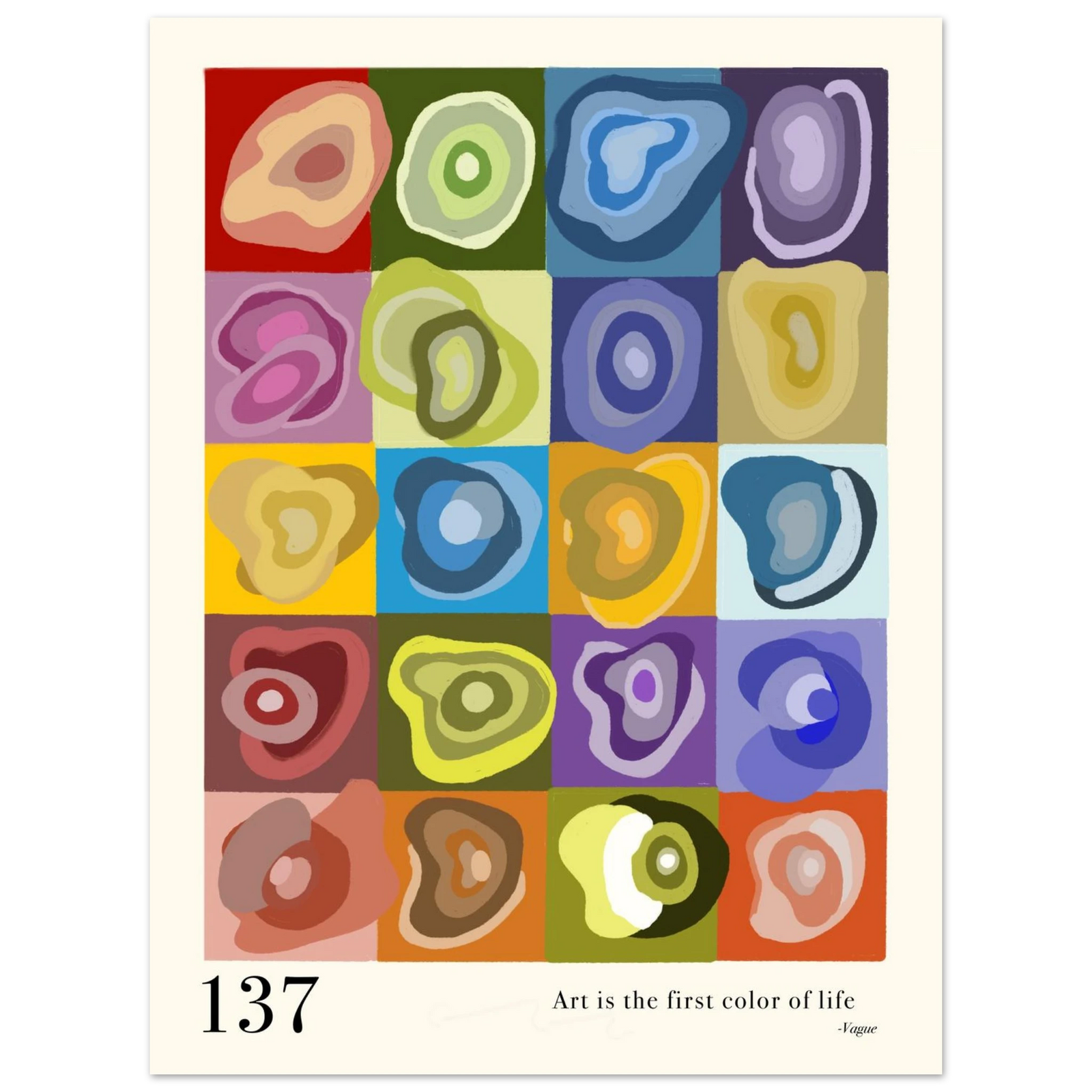 Framed art print with colorful abstract square shapes; shows “137”; white frame