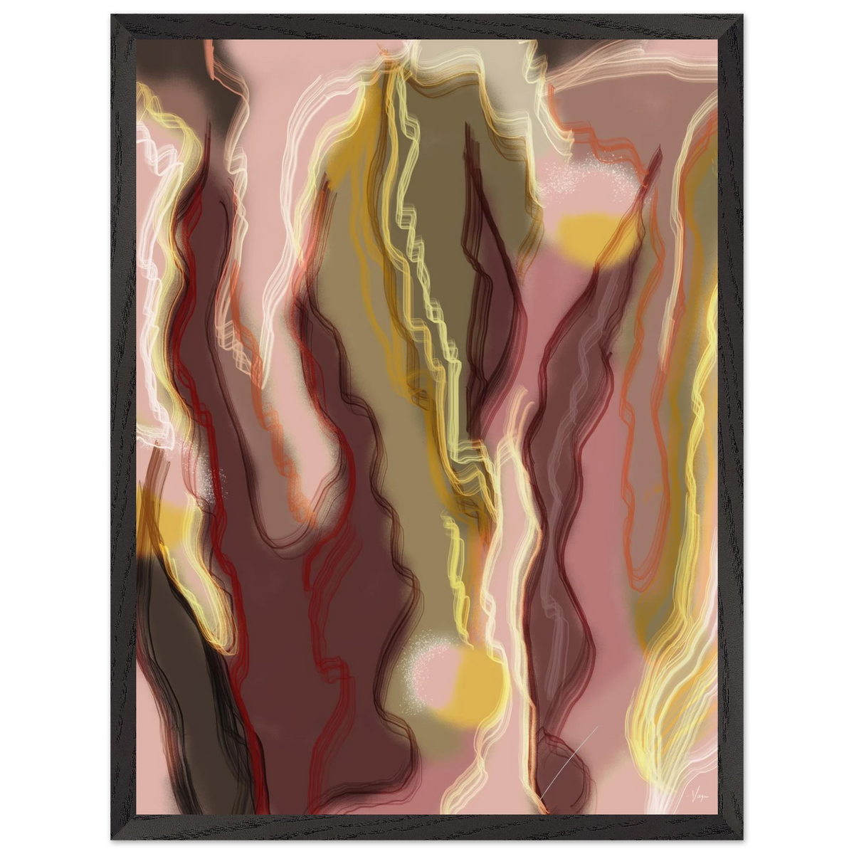 Black framed abstract wall art print with flowing yellow, red, and cream lines