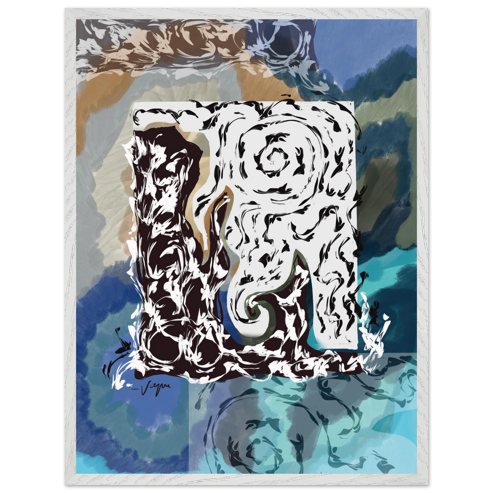 Framed wall art print with stylized dog portrait in black and white, blue-teal background, white frame