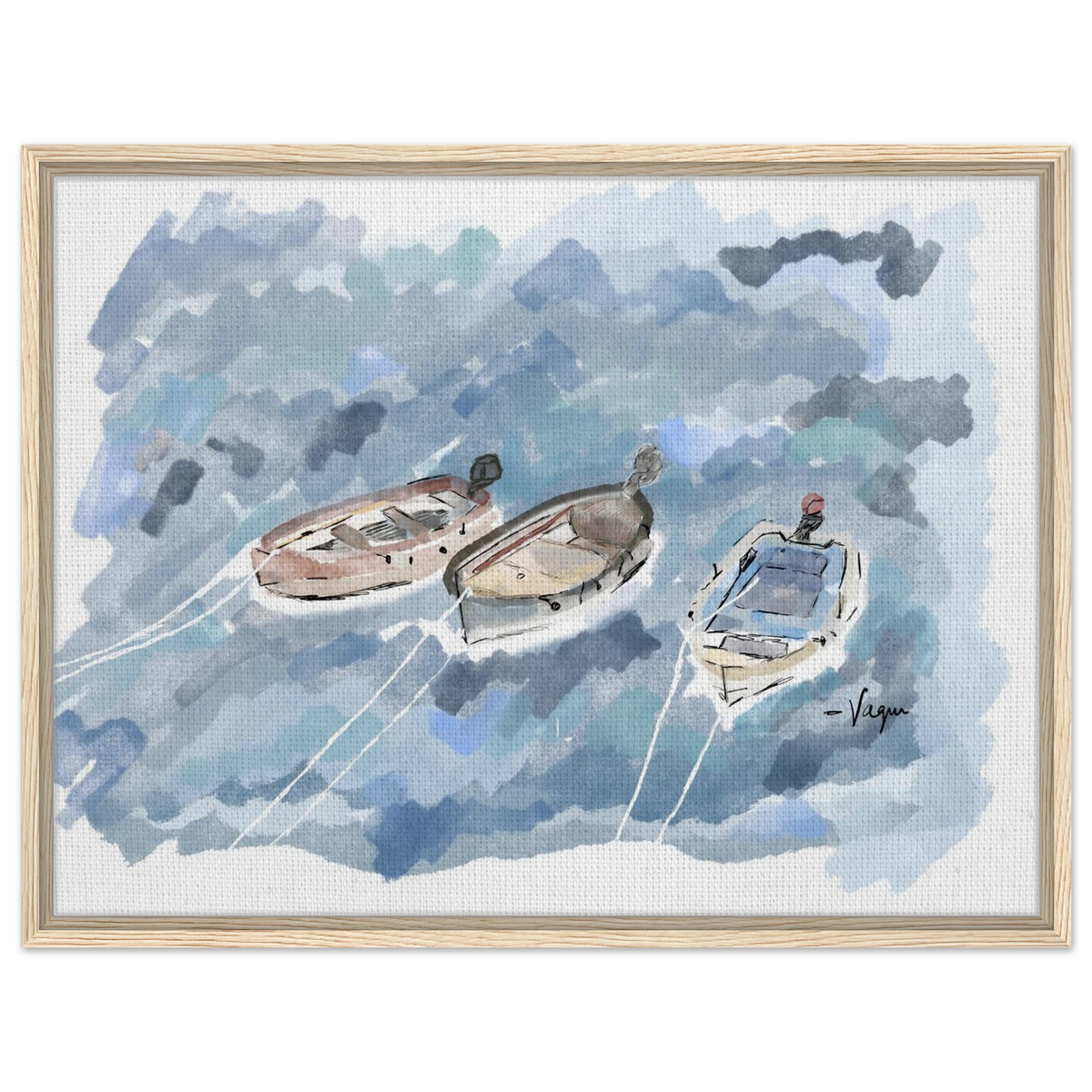 Framed canvas wall art of three boats on blue water with white ropes, light wood frame