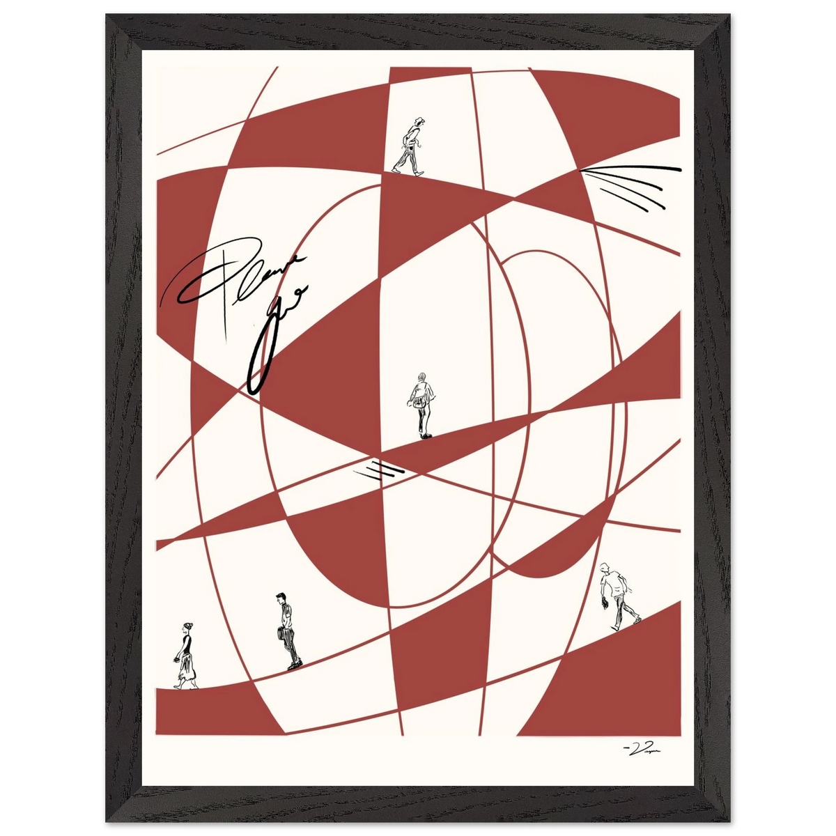 Framed abstract wall art with red geometric pattern and small figures; black frame