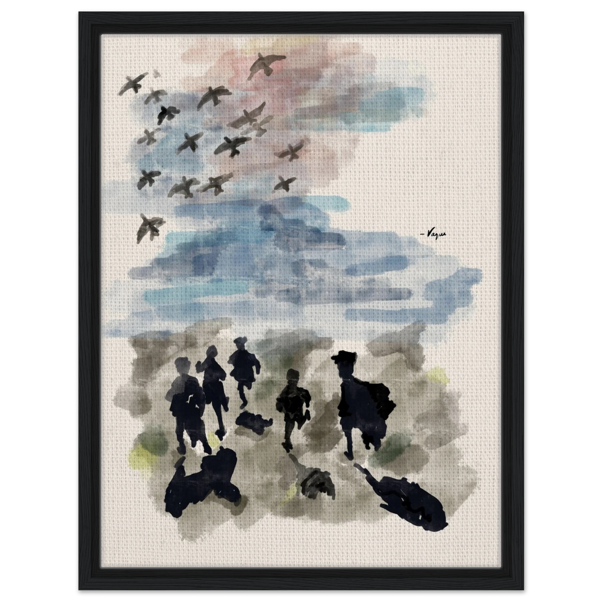 Black-framed art print with blue watercolor clouds and silhouette figures, flying birds