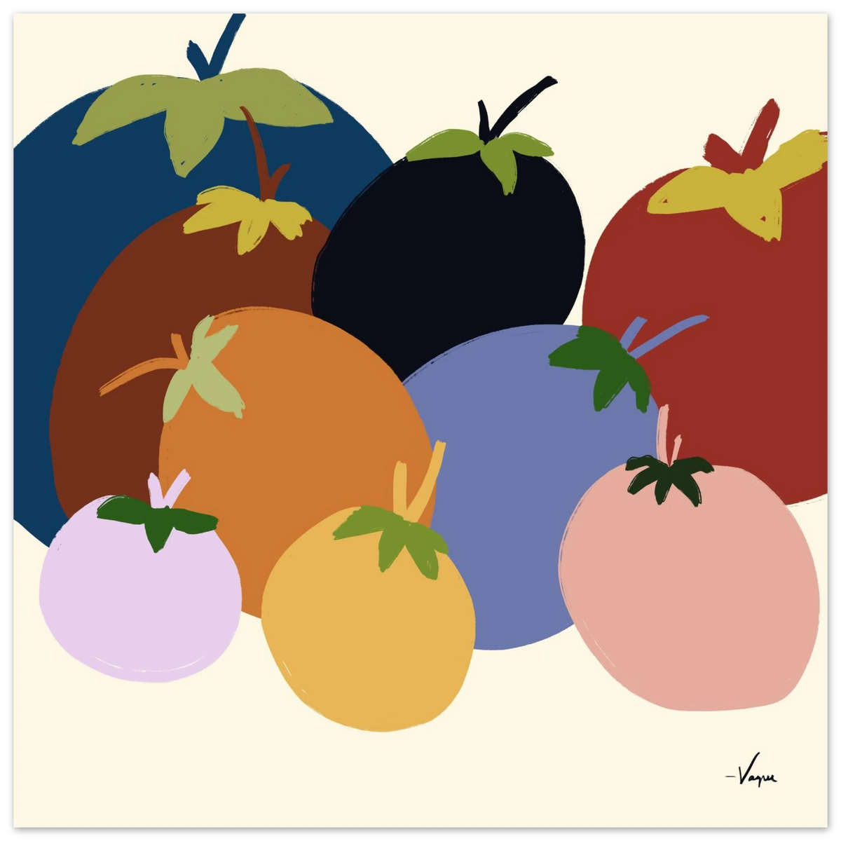 Framed abstract fruit illustration print with colorful oranges, lemons, tomatoes, and blueberries