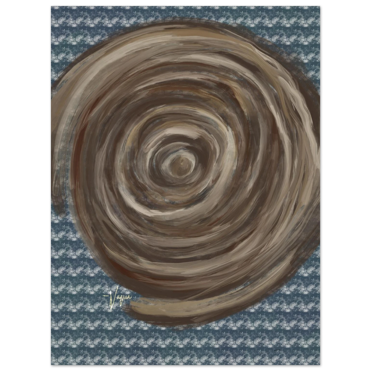 Abstract matte paper poster showing a large circular swirl in tan, brown, and gray on blue.