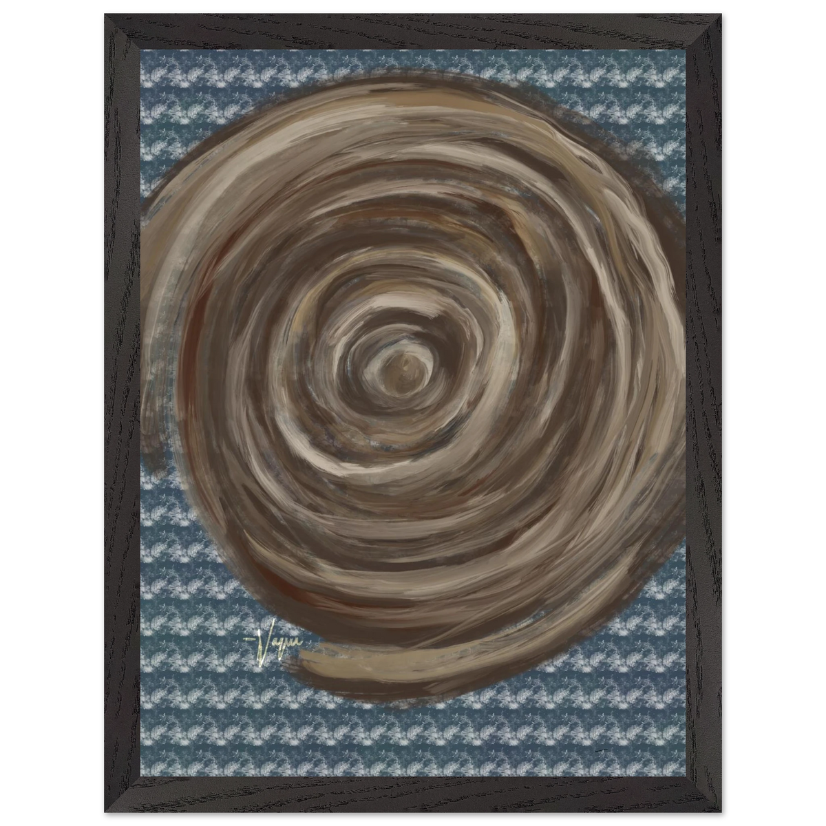 Abstract matte paper poster with circular swirl in tan and brown, in a dark gray frame.