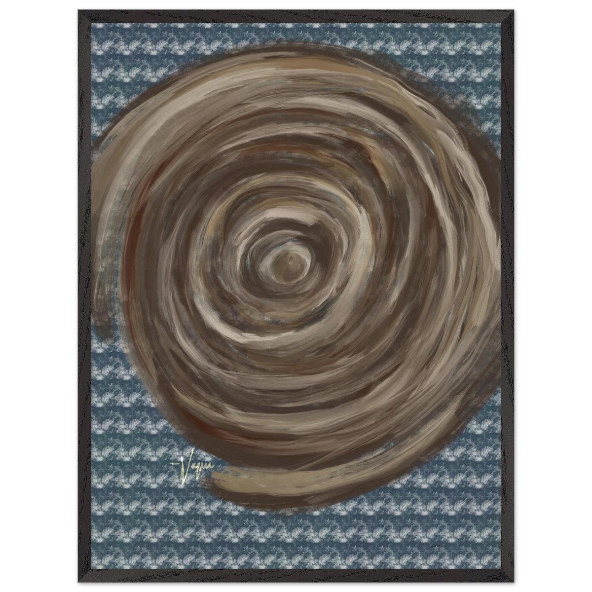 Abstract matte paper poster with circular swirl in tan and brown, in a dark frame.