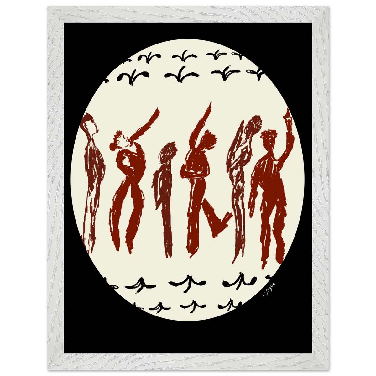 Framed wall art print with light frame, cream circle, and red dancer silhouettes