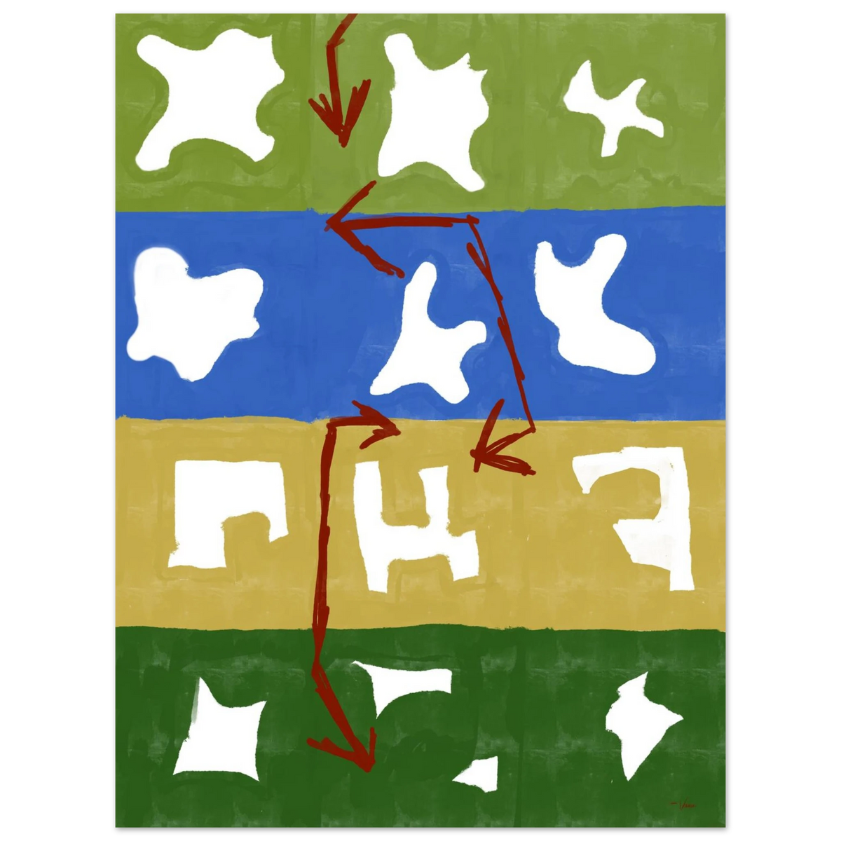 Framed abstract wall art with green, blue, and yellow blocks, white shapes, and red arrows