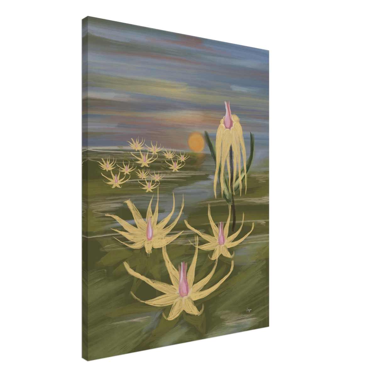 Unframed canvas wall art with pastel yellow flowers and pink buds near a calm pond