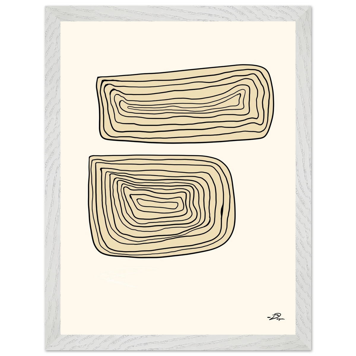 White-framed wall art with two stacked outline shapes in beige linework