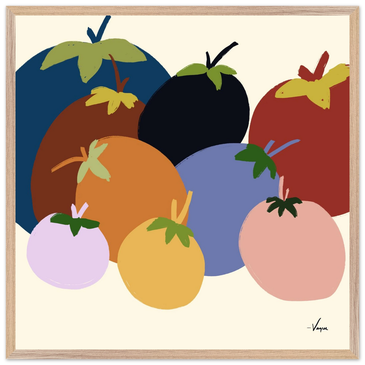 Framed abstract fruit illustration print in a wood frame with colorful oranges, lemons, tomatoes
