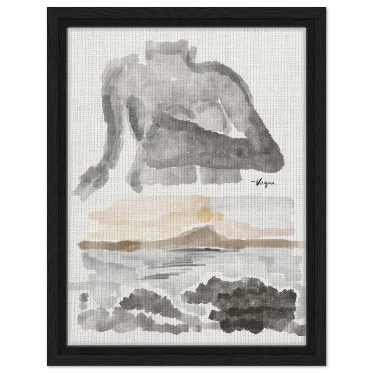 Abstract watercolor wall art in black frame, gray figure with tan and charcoal watercolor blocks