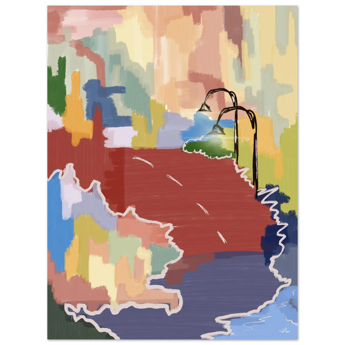 Framed abstract map-style wall art with multicolor coastlines, dark frame