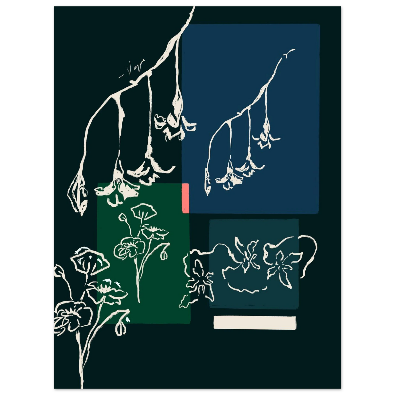 Framed wall art with dark green background and white botanical line illustration