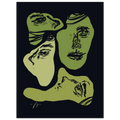 Framed portrait print with three green face profiles and dark background, black frame