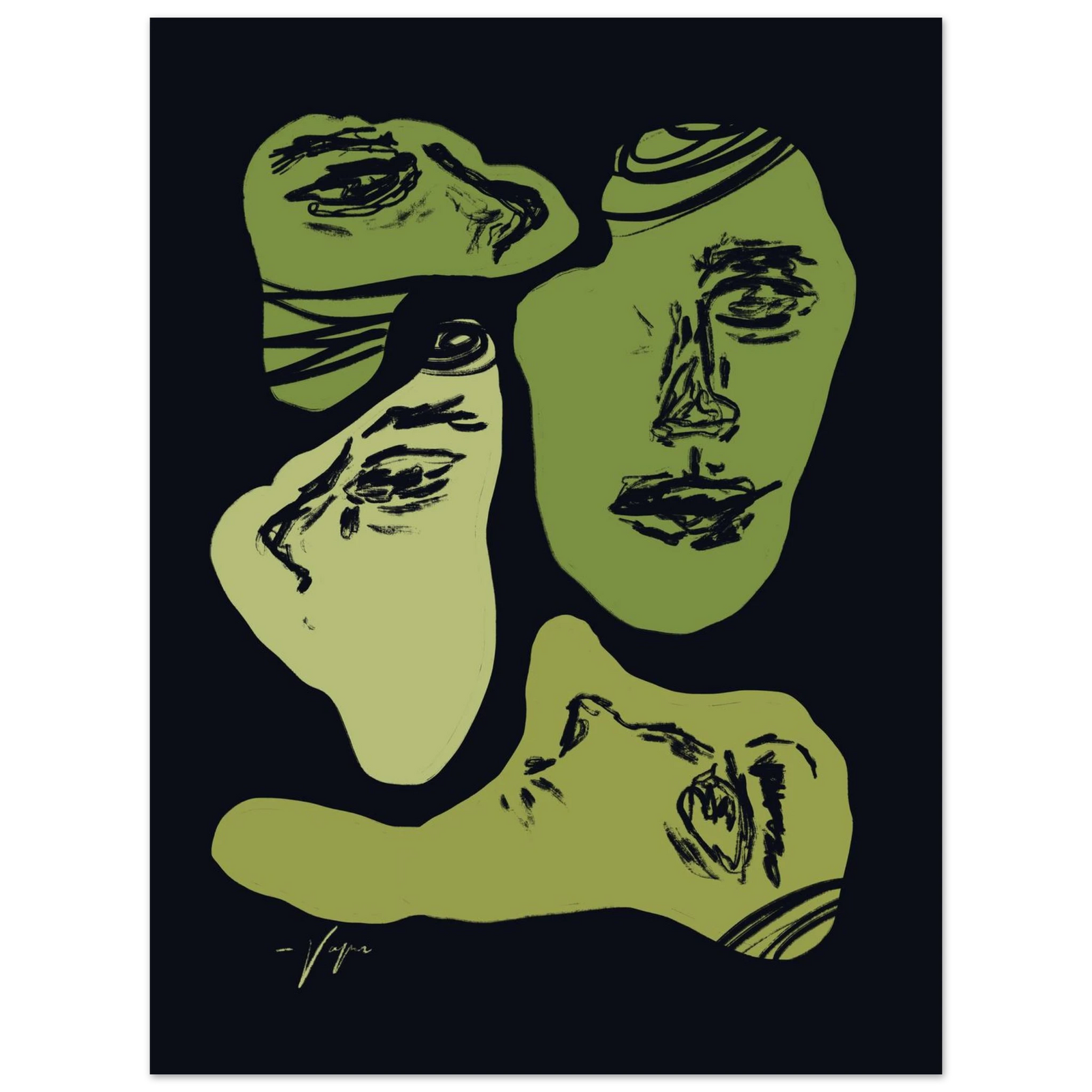 Framed portrait print with three green face profiles and dark background, black frame