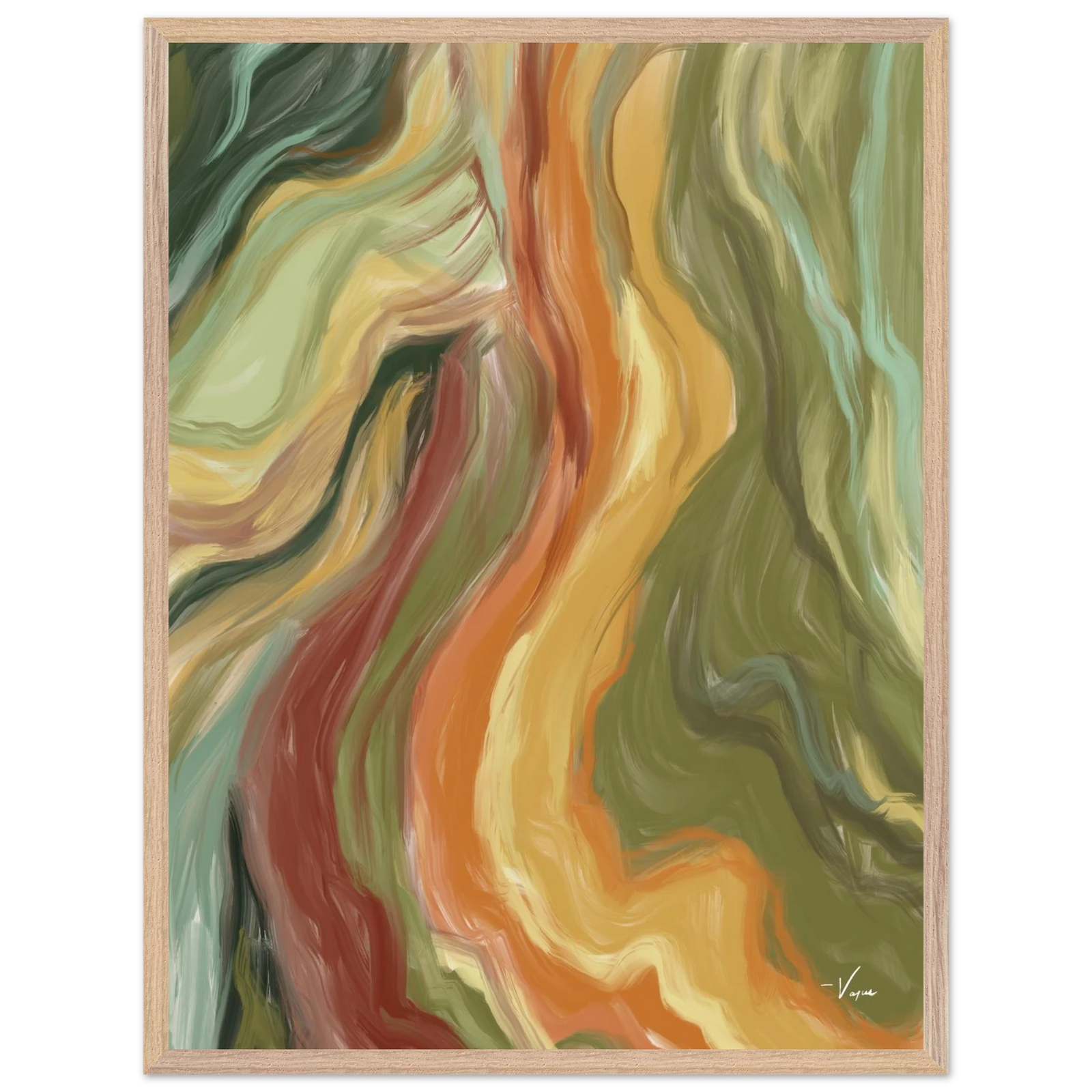Framed abstract wall art with colorful flowing swirls, light wood frame