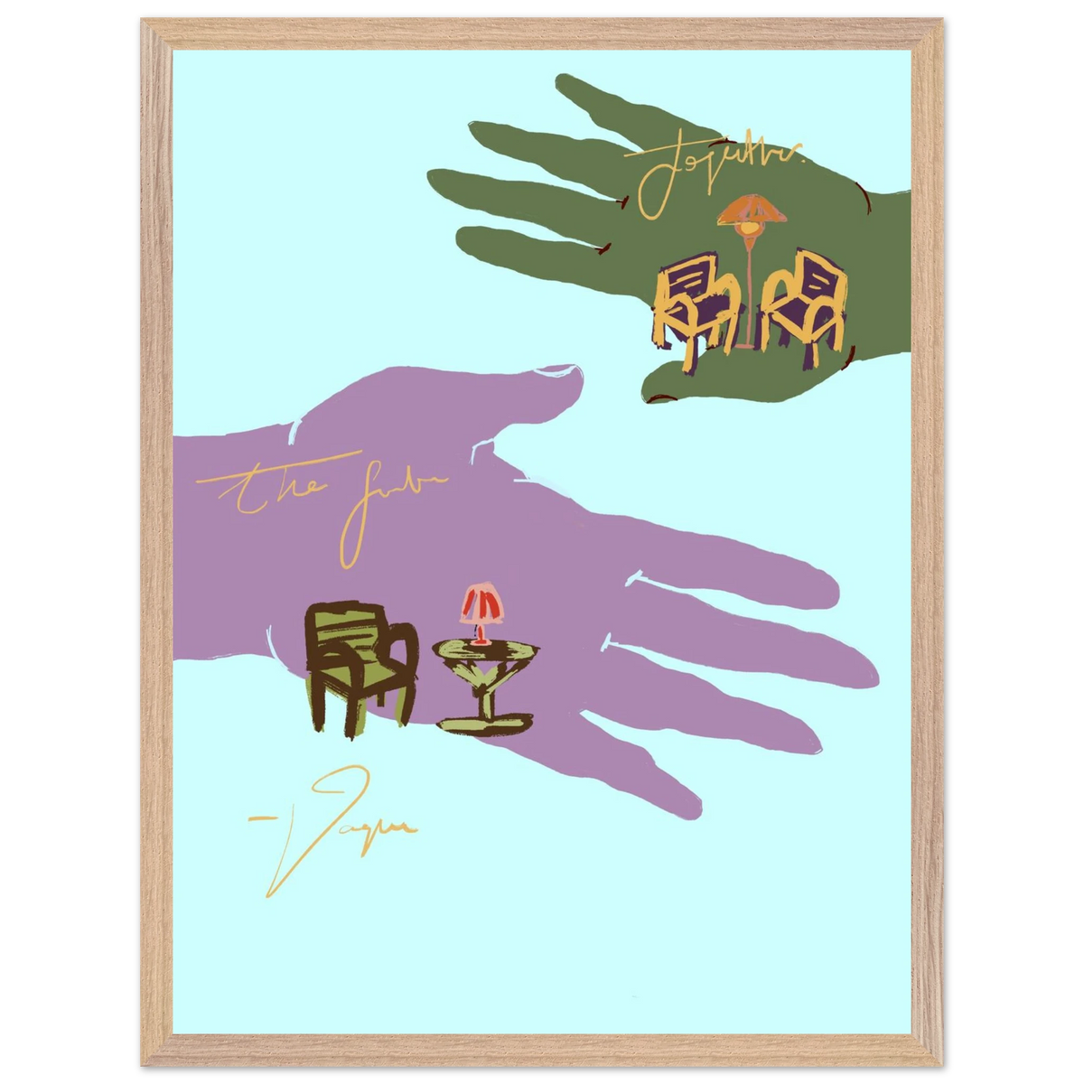 Palmistry wall art with illustrated hands, chair and candle, in pale wood frame