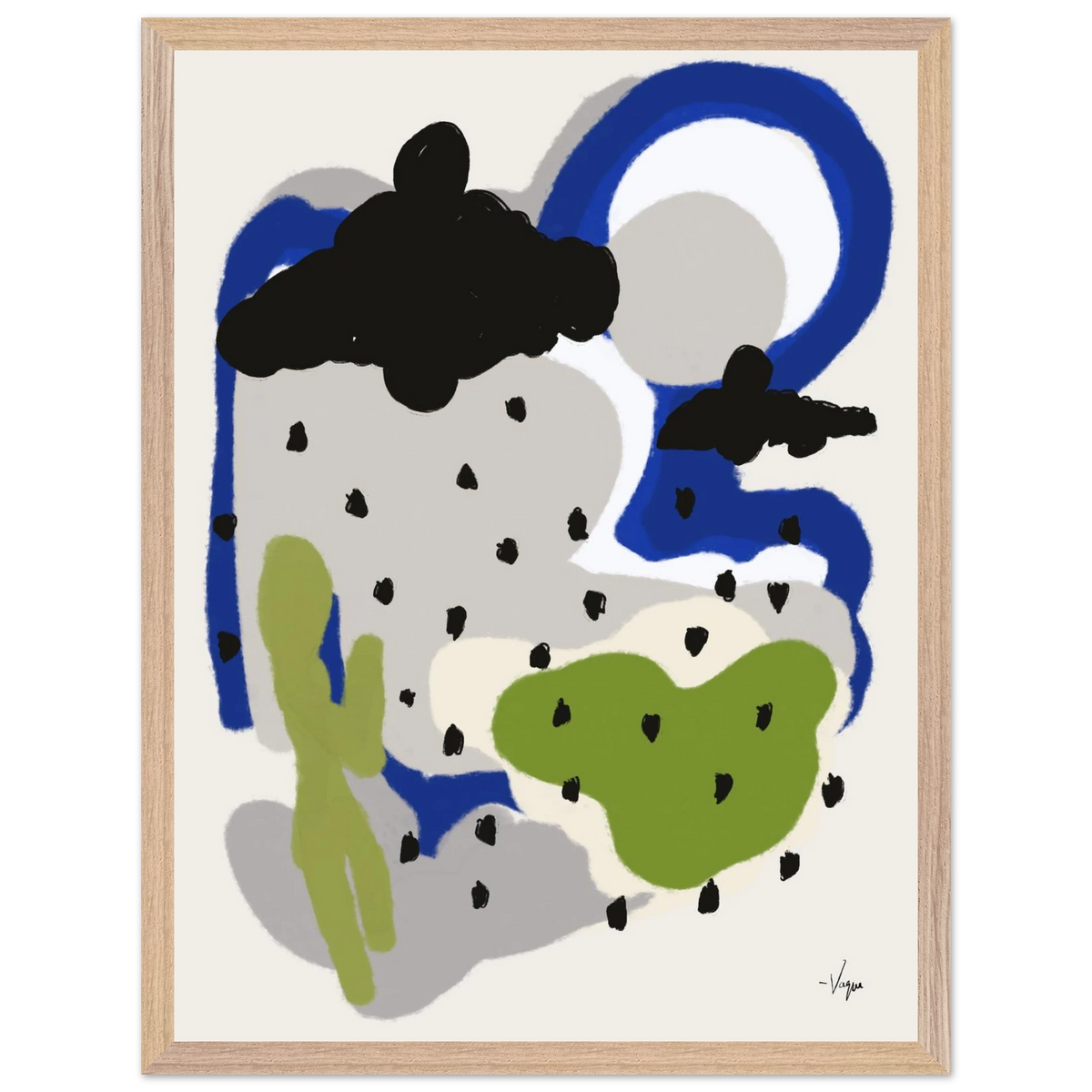 Framed abstract wall art with wood frame, blue swirl, black cloud, and green raindrop shapes