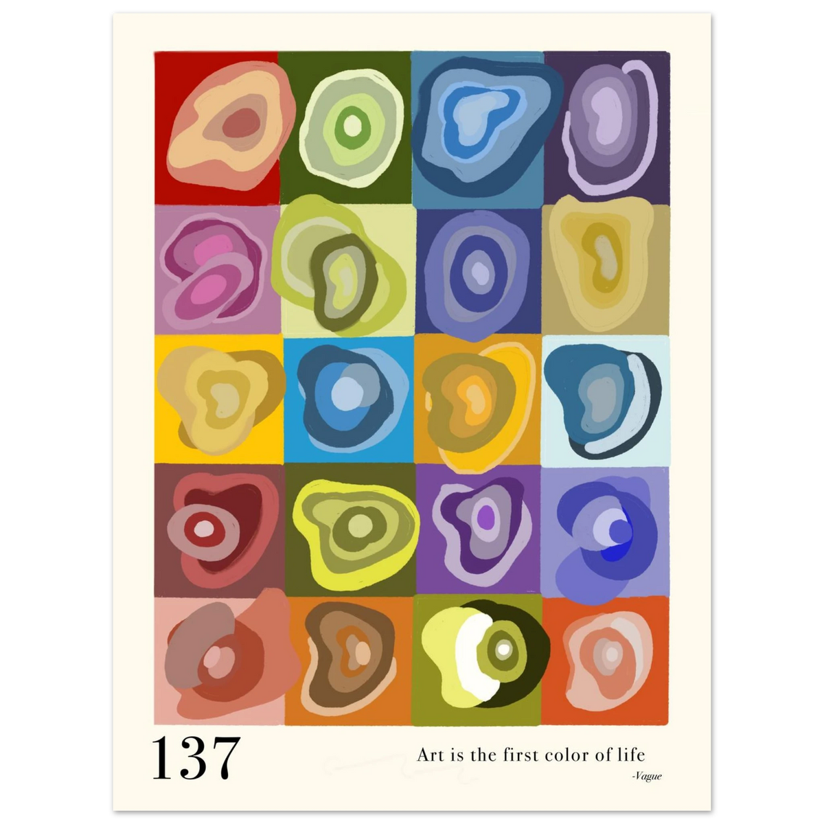 Abstract art print 137 with 20 colorful geometric shapes and a cream text margin, unframed