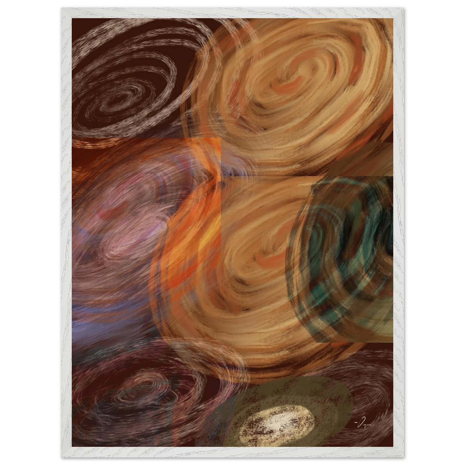 White-framed abstract wall art with swirling tan, brown, orange, and teal shapes