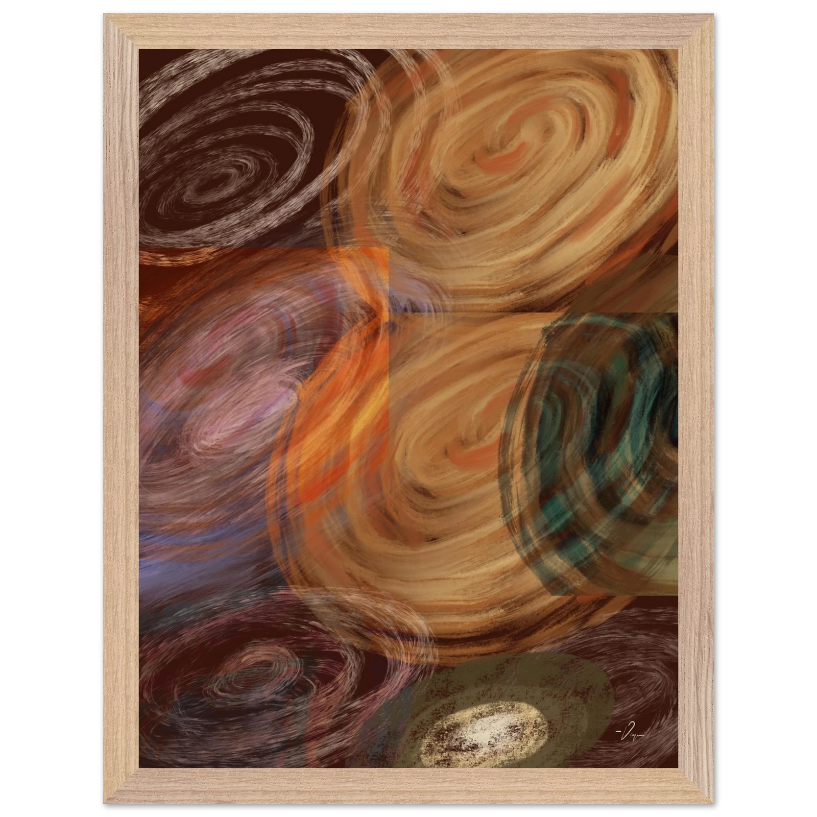 Wood-framed abstract wall art with swirling tan, brown, orange, and teal shapes