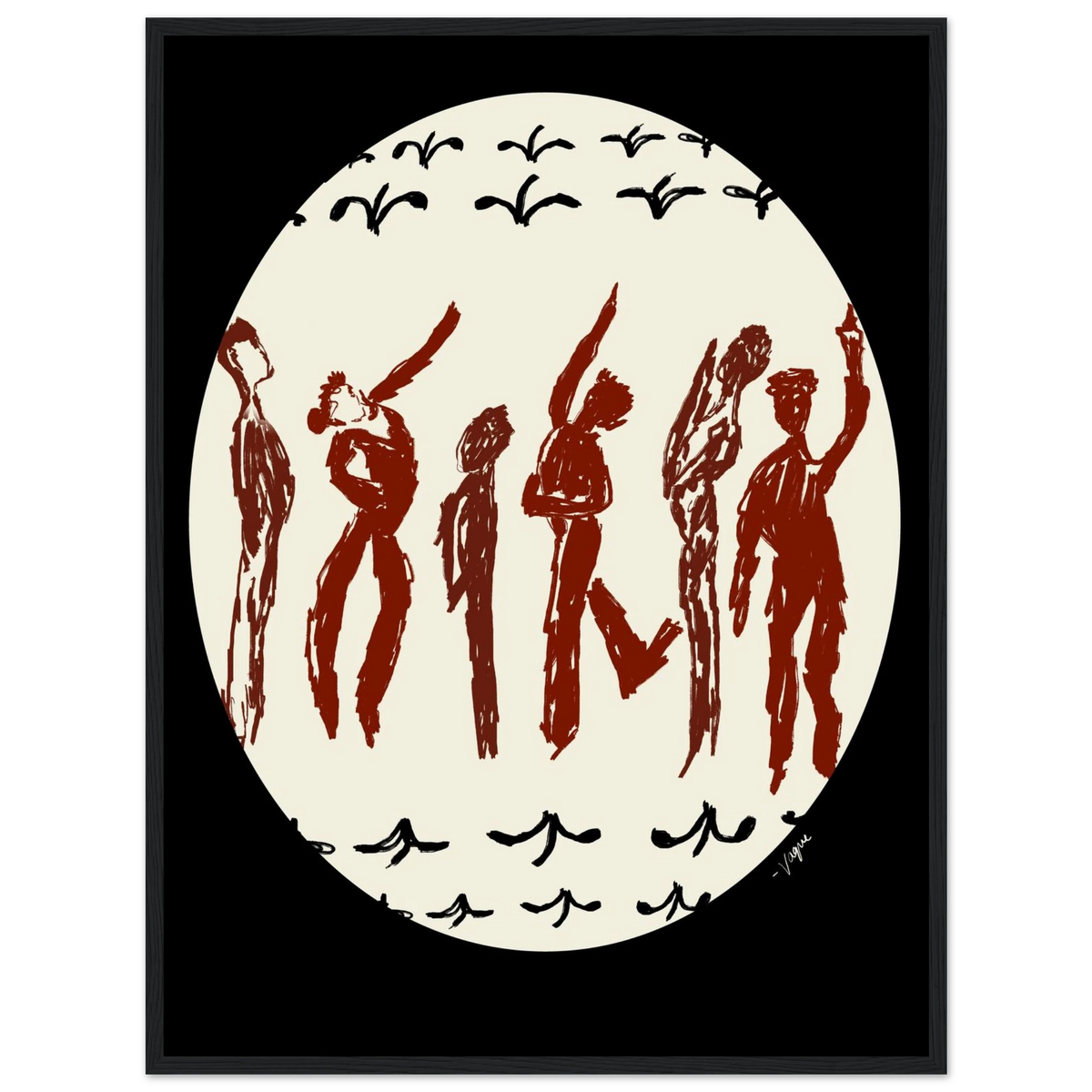 Dance or Pray? print in a black frame, featuring dancing figures in an oval