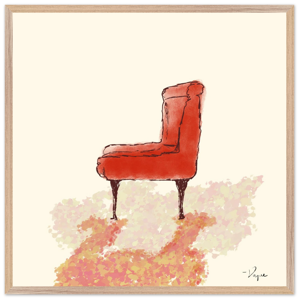 Wood-framed art print featuring red upholstered chair illustration