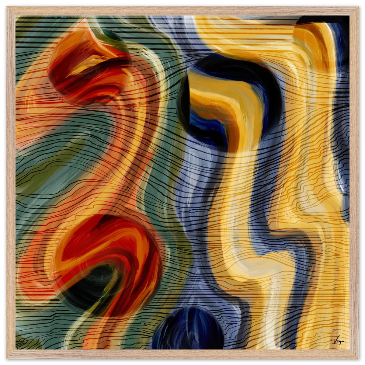 Framed matte paper poster with light wood border and abstract red, yellow, blue swirl artwork