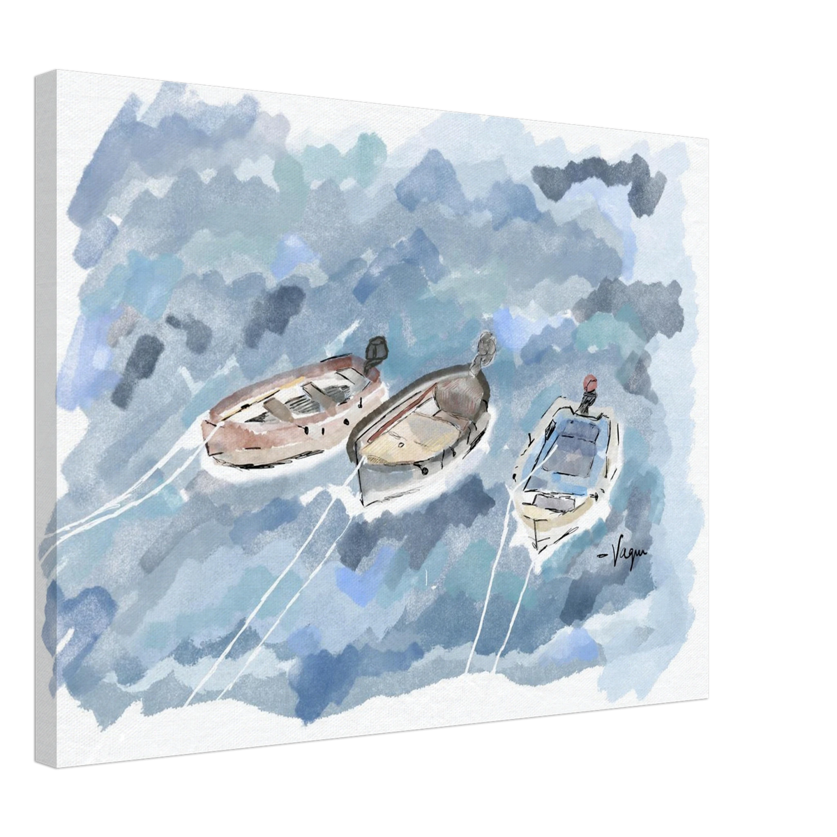 Canvas wall art of three boats tied with white ropes, blue water and clouds, no frame