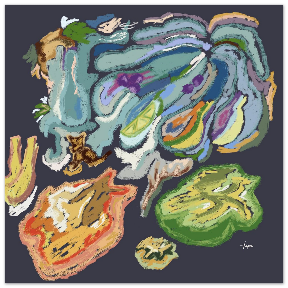 Abstract wall art with colorful paint strokes in a dark frame