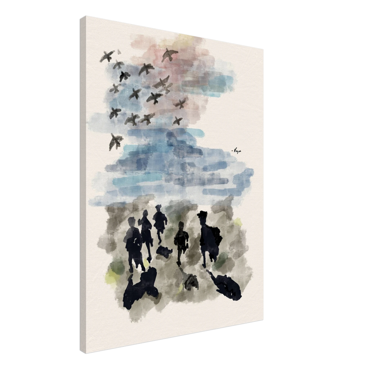 Unframed canvas art print with blue watercolor clouds, silhouette figures, and flying birds