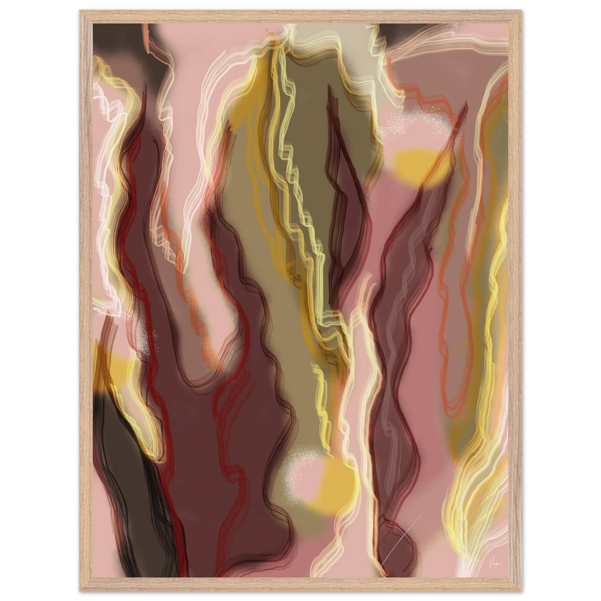Light wood framed abstract wall art print with flowing yellow, red, and cream lines