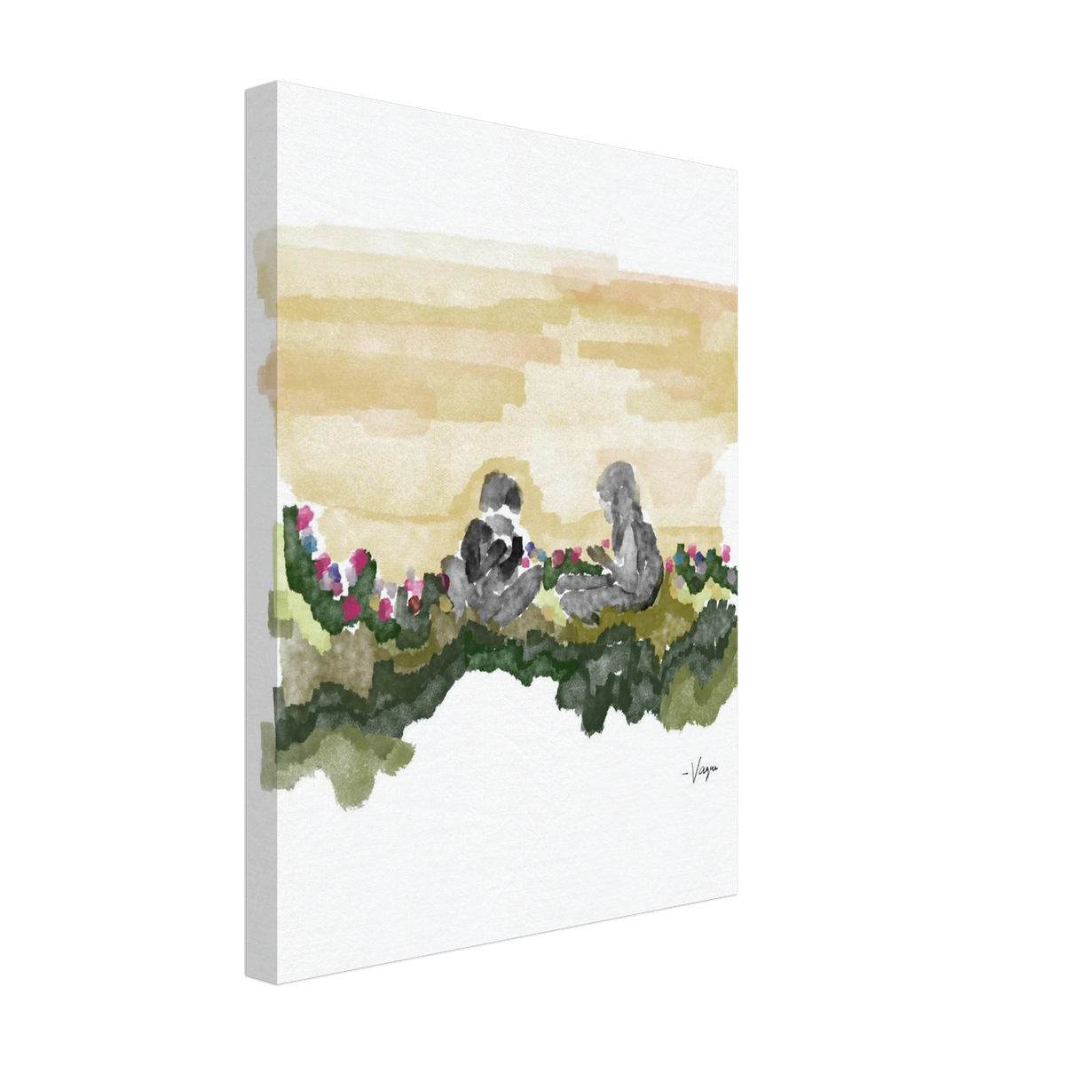 Unframed vertical watercolor wall art featuring two seated figures and blooming flowers