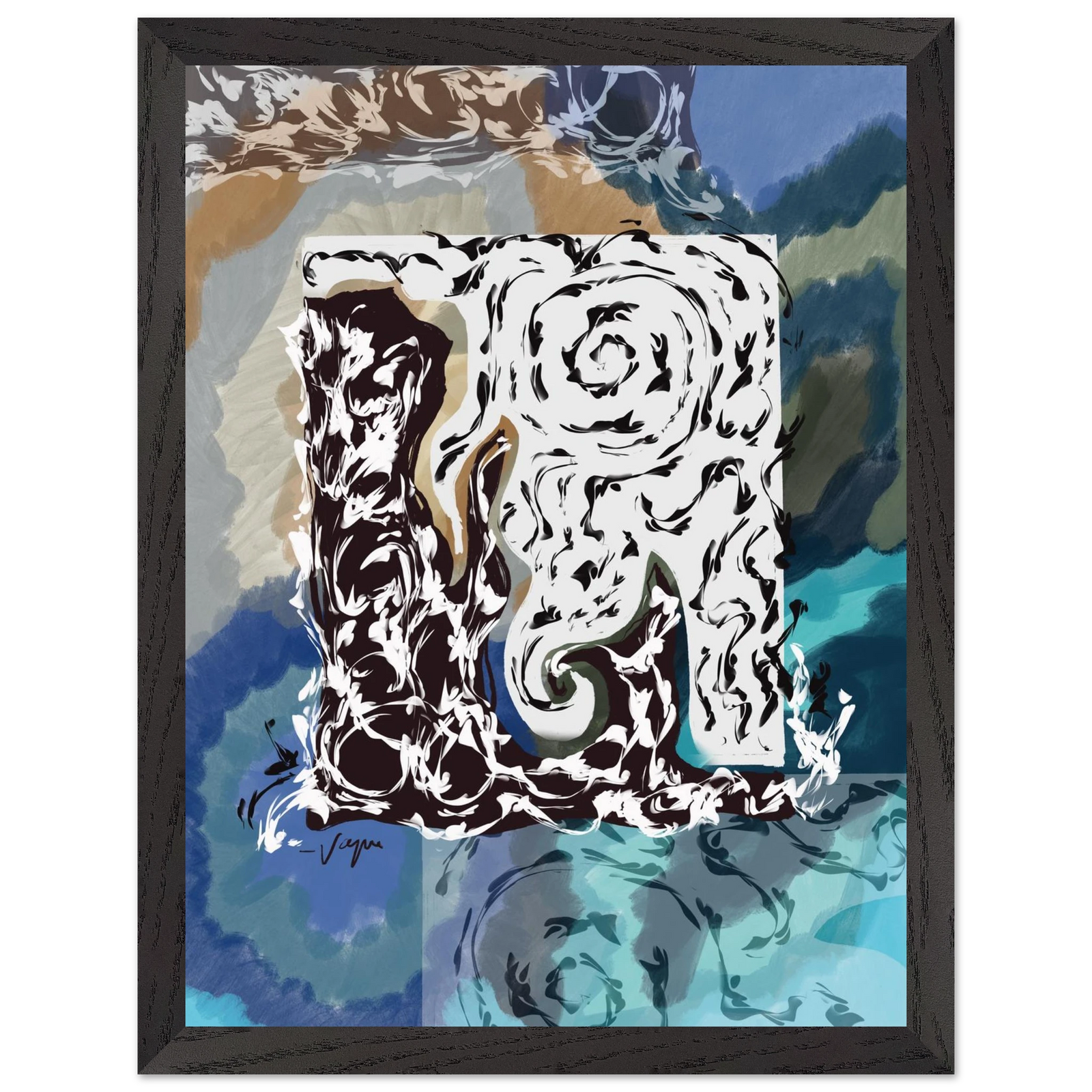 Framed wall art print with stylized dog portrait in black and white, teal-blue background, dark frame